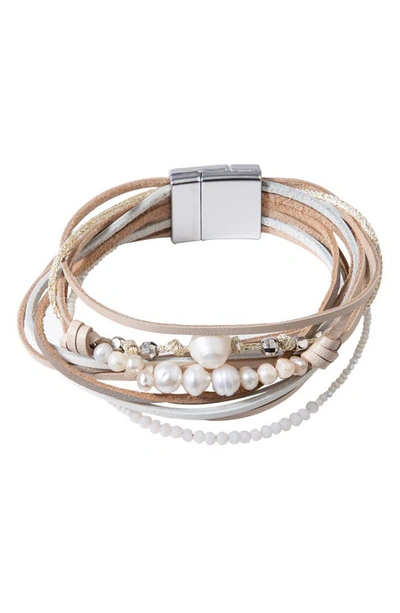 Shop Saachi Grace Pearl Beaded Leather Bracelet In Beige