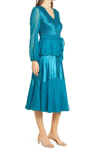 Shop Komarov Long Sleeve Charmeuse & Chiffon A-line Dress In Peacock