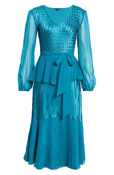 Shop Komarov Long Sleeve Charmeuse & Chiffon A-line Dress In Peacock