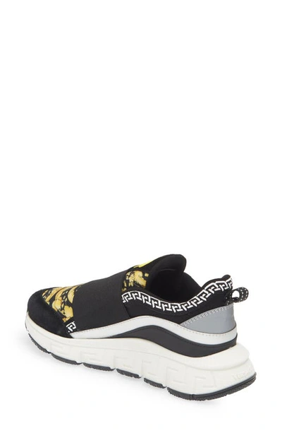 Shop Versace Kids' Barocco Trigreca Slip-on Sneaker In Black Gold Silver