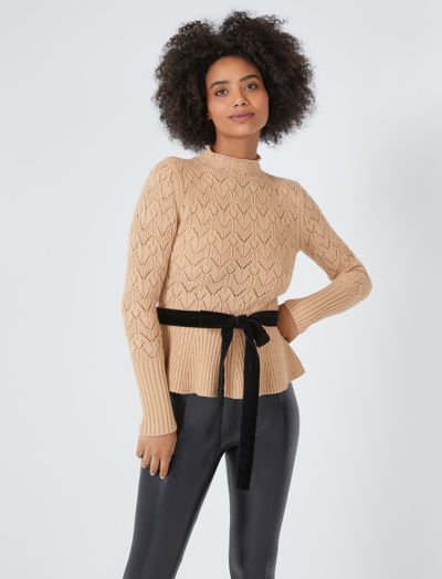 Shop Bcbgmaxazria Pointelle Velvet Tie Peplum Sweater In Ginger Root