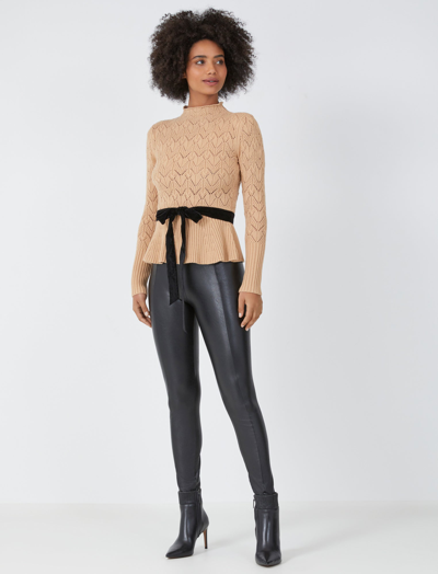 Shop Bcbgmaxazria Pointelle Velvet Tie Peplum Sweater In Ginger Root