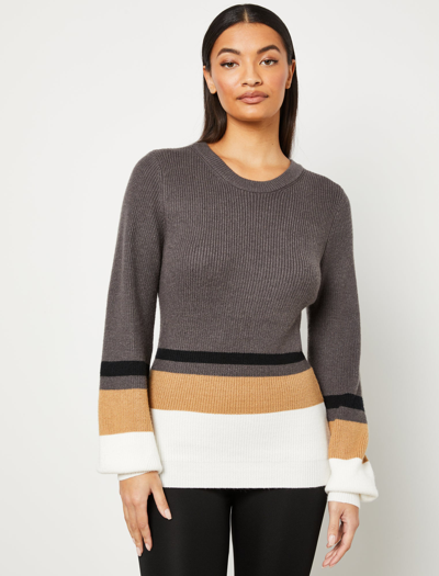 Shop Bcbgmaxazria Puff Sleeve Colorblock Sweater In Charcoal Combo