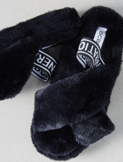 Shop Bcbgeneration Soffi Slingback Logo Slipper In Black Faux Fur