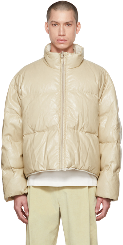 Shop Amomento Beige Grained Faux-leather Down Jacket