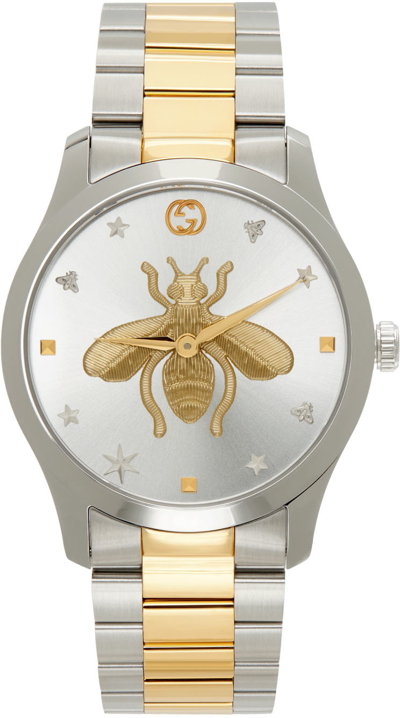 Shop Gucci Silver & Gold Bee G-timeless Watch In 8155 Silver/steel/ye