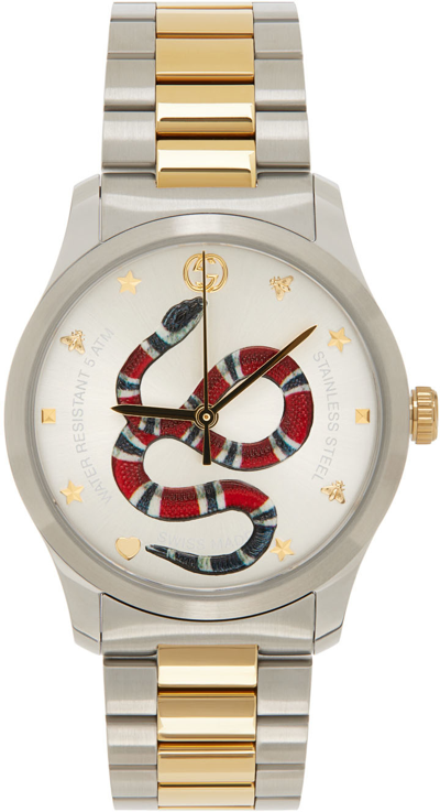 Shop Gucci Silver & Gold Kingsnake G-timeless Watch In 8486 Acciaio/oro