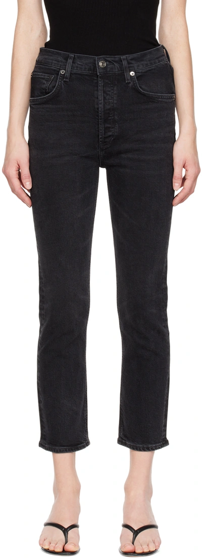 Shop Agolde Black Riley Crop Jeans In Panoramic