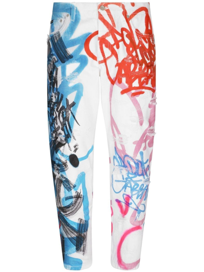 Shop Dolce & Gabbana White Jeans With Multicolor Graffiti In Multicolour