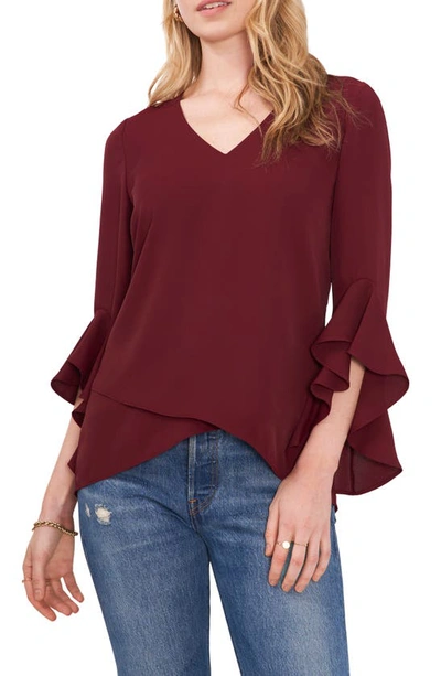 Vince Camuto Flutter Sleeve Crossover Georgette Tunic Top In Crisp Merlot