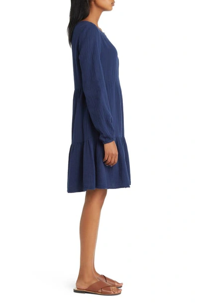 Shop Beachlunchlounge Cate Long Sleeve Tiered Cotton Gauze Dress In Navy