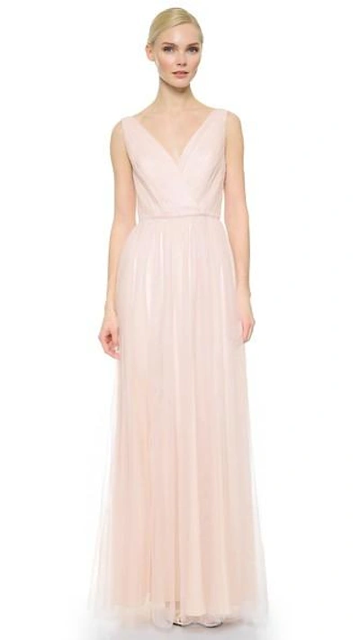 Shop Monique Lhuillier Bridesmaids Shirred Multi Tone V Neck Gown In Blush/lavender