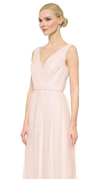 Shop Monique Lhuillier Bridesmaids Shirred Multi Tone V Neck Gown In Blush/lavender