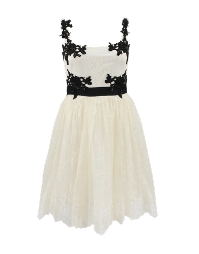 Marchesa Notte Lace Cocktail Dress With Tulle Skirt In Cream