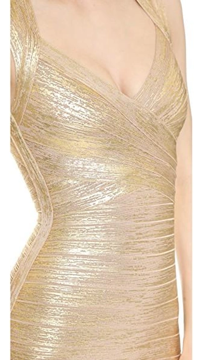 Shop Herve Leger Iman Dress In Gold Champagne Combo