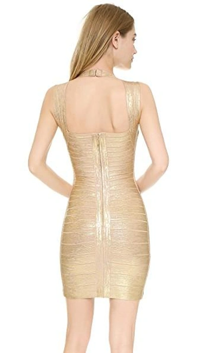 Shop Herve Leger Iman Dress In Gold Champagne Combo