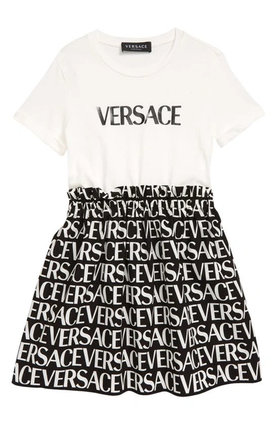 Shop Versace Kids' Allover Logo Print Mixed Media Cotton Dress In Bianco Nero