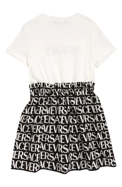 Shop Versace Kids' Allover Logo Print Mixed Media Cotton Dress In Bianco Nero