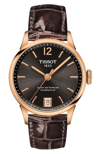 Tissot Chemin Des Tourelles Powermatic 80 Lady Leather Strap Watch, 32mm In Brown/ Gunmetal/ Rose Gold