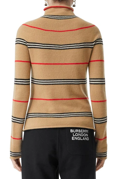 Shop Burberry Stripe Cashmere Turtleneck Sweater In Archive Beige