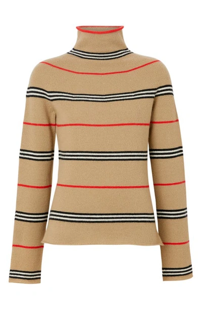 Shop Burberry Stripe Cashmere Turtleneck Sweater In Archive Beige