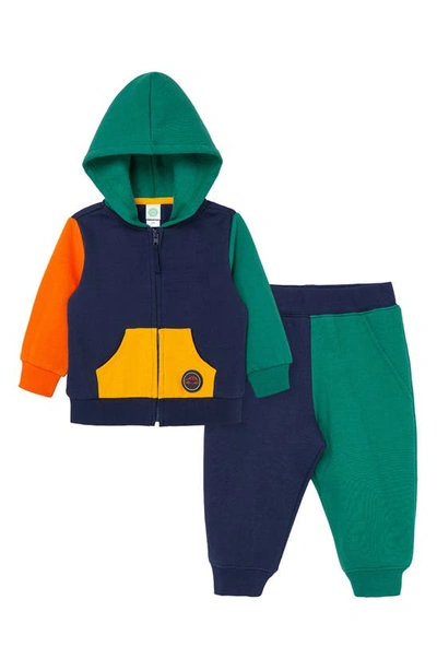 Shop Little Me Colorblock Zip-up Hoodie & Joggers Set In Green