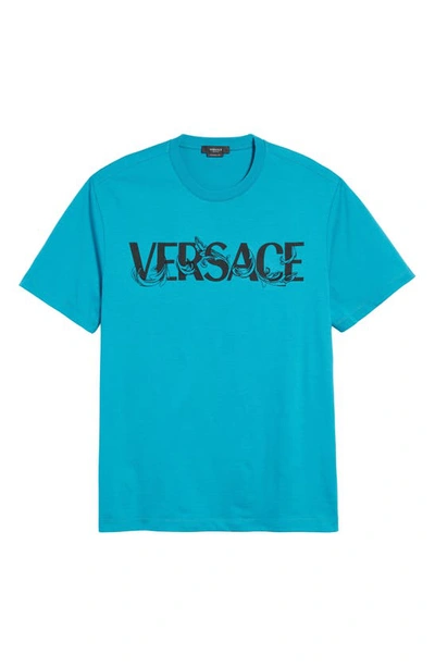 Shop Versace Fleur Embroidered Logo Graphic Tee In Iv830 Turquoise