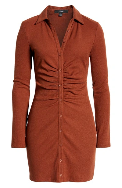 Shop Lulus A Little Prep Long Sleeve Button-up Shirtdress In Rust Brown