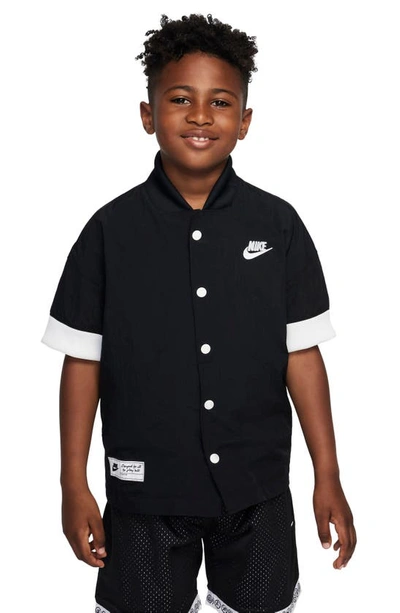 Shop Nike Kids' Culture Of Basketball Snap-up Short Sleeve Warmup Shirt In Black/ White/ Black/ White