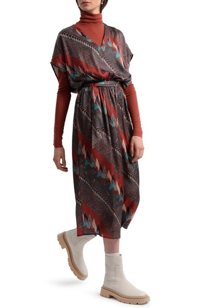 Shop Molly Bracken Mixed Print Tie Waist Dress In Rust