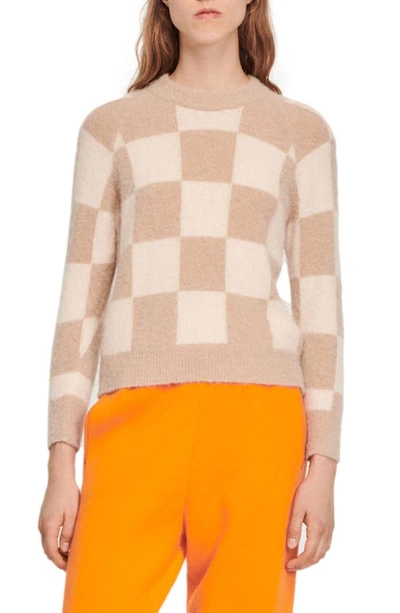Shop Sandro Damier Checkerboard Mohair Blend Sweater In Beige