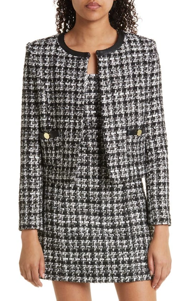 Shop Alice And Olivia Donita Faux Leather Trim Tweed Jacket In Black/ Off White