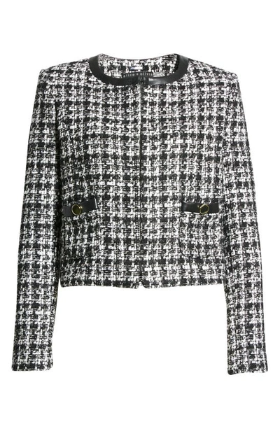 Shop Alice And Olivia Donita Faux Leather Trim Tweed Jacket In Black/ Off White