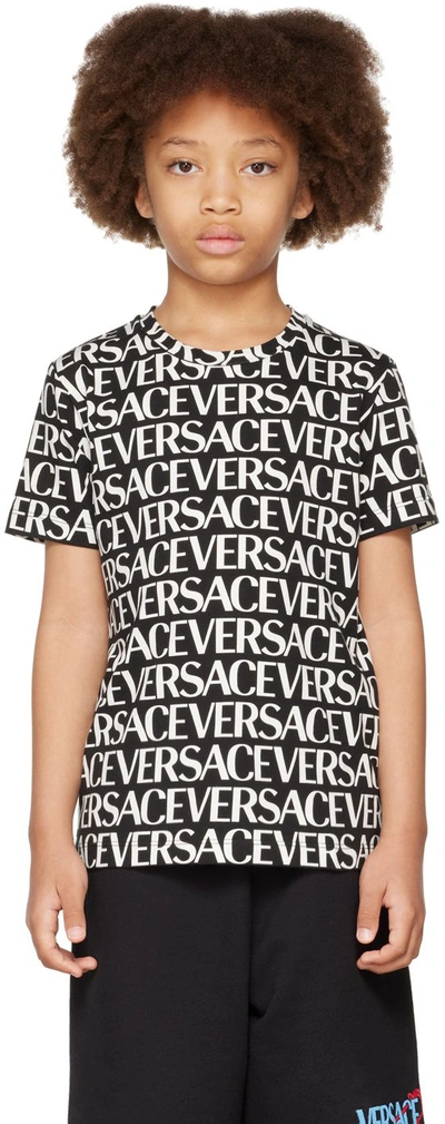 Shop Versace Kids Black & White Logo Print T-shirt In 5b040 Black