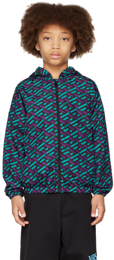 Shop Versace Kids Green & Purple 'la Greca' Windbreaker Jacket In 5g320 Green