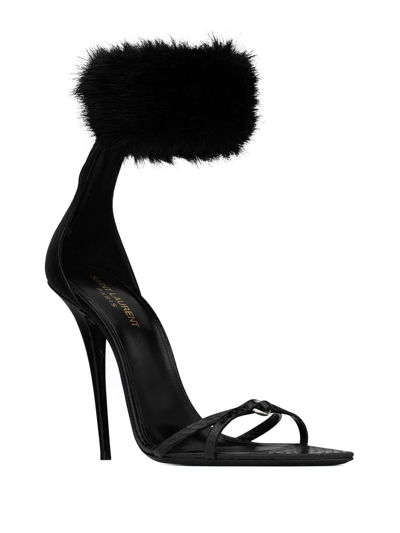 Saint Laurent Gippy Croc-embossed Leather Fur-strap Sandals In Black