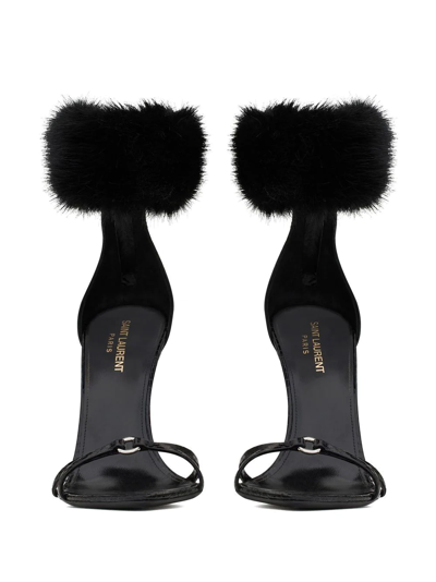 Saint Laurent Gippy Croc-embossed Leather Fur-strap Sandals In Black