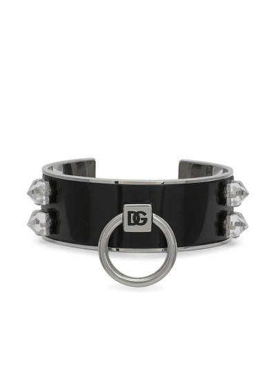 Shop Dolce & Gabbana Leather Cuff Bracelet In Silver