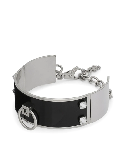 Shop Dolce & Gabbana Leather Cuff Bracelet In Silver