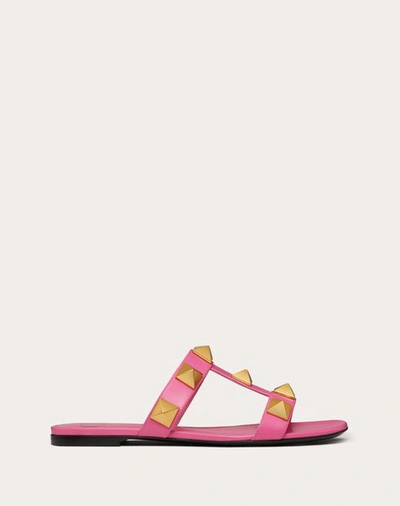 Shop Valentino Garavani Flat Roman Stud Calfskin Slide Sandal Woman Pink 37