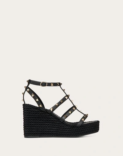 Shop Valentino Garavani Rockstud Ankle Strap Wedge Sandal In Calfskin Leather 95 Mm Woman Black 42
