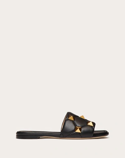 Shop Valentino Garavani Roman Stud Flat Slide Sandal In Quilted Nappa Woman Black 36.5