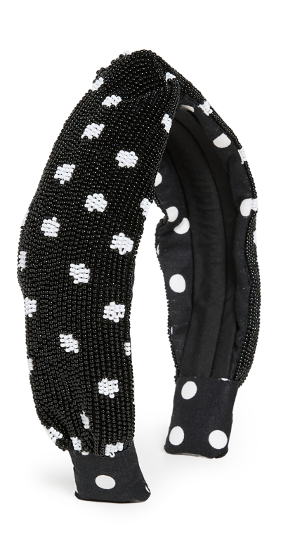 Shop Autumn Adeigbo Bianca Seed-bead Headband In Black & White Polka Dot