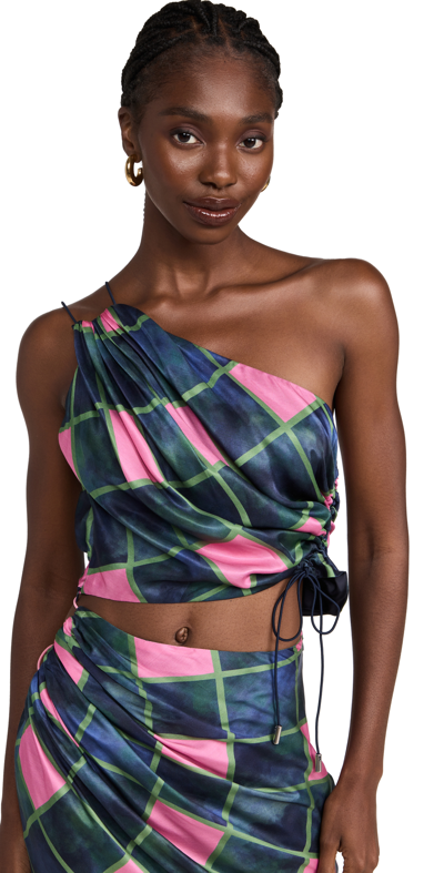 Ahluwalia Patel One-shoulder Draped Printed Matte-satin Top In Pink/blue Diamond