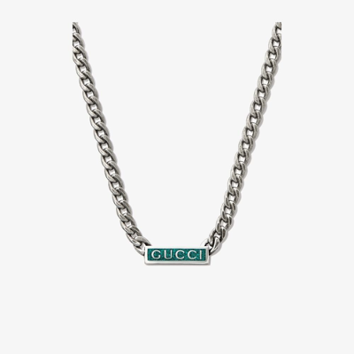 Shop Gucci Sterling Silver Logo Plaque Chain Necklace