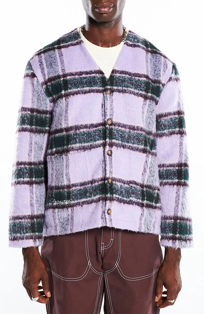 Shop Pleasures Fortune Fuzzy Plaid Cardigan In Violet