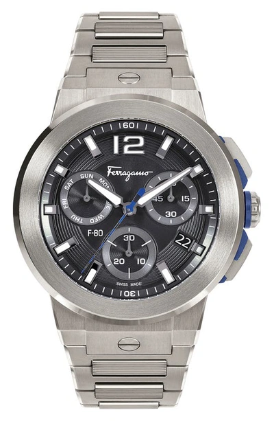 Shop Ferragamo F-80 Titanium Tech Chronograph Bracelet Watch, 44mm In Titanium/ Black