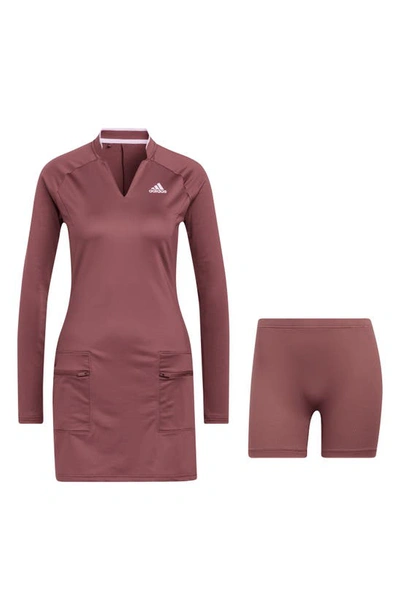 Shop Adidas Golf Long Sleeve Warp Knit Golf Dress & Shorts In Quiet Crimson