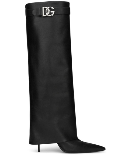 Shop Dolce & Gabbana Black Dg-buckle Knee Boots In Nero