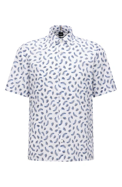 Shop Hugo Boss Lukka Floral Short Sleeve Cotton Button-up Shirt In White